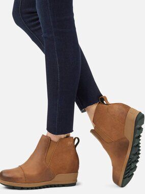 Sorel Women's Coffee Tan Evie Pull-On Leather Classic Wedge Chelsea Boots Sz 9